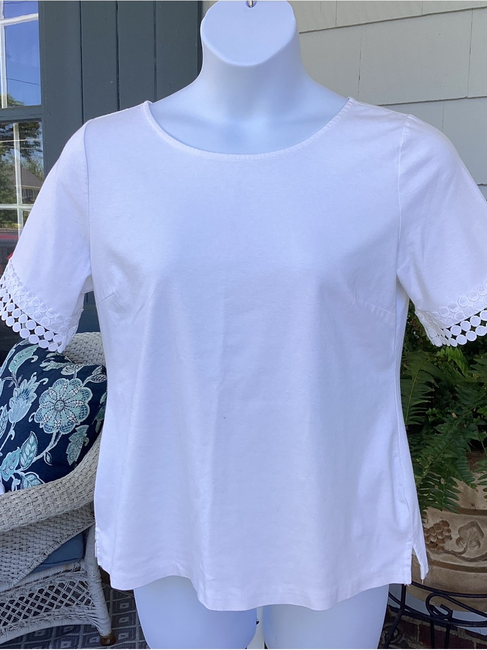 Talbots White Short-Sleeve Top with Crochet-Trim Sleeves LNWOT